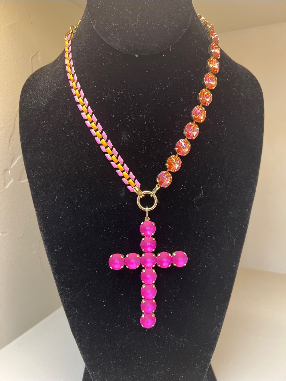 Gold-Tone Necklace with Pink Crystal Cross Pendant